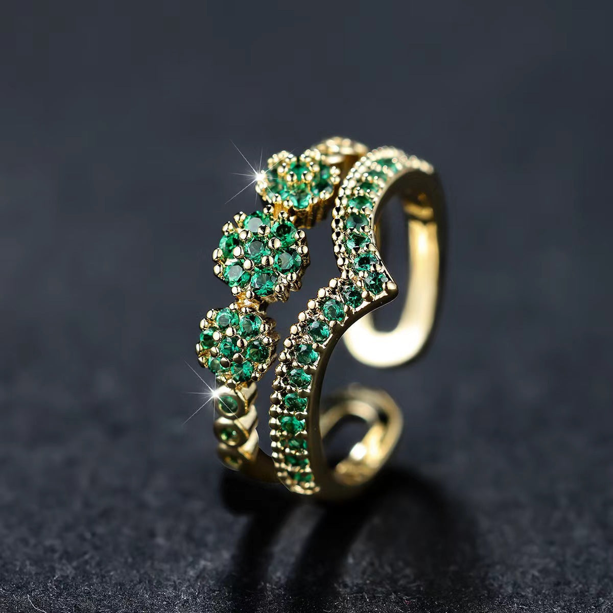 Emerald Flower Cluster Cocktail Ring with Dual Gold Pavé Bands