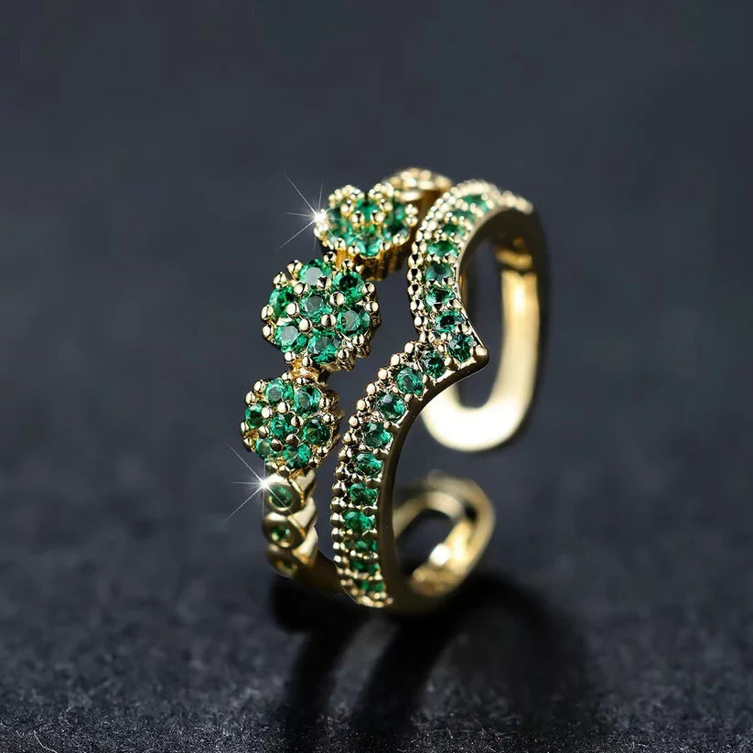 Wave-Shaped Emerald Cluster Ring with Gold-Tone Band — view 3