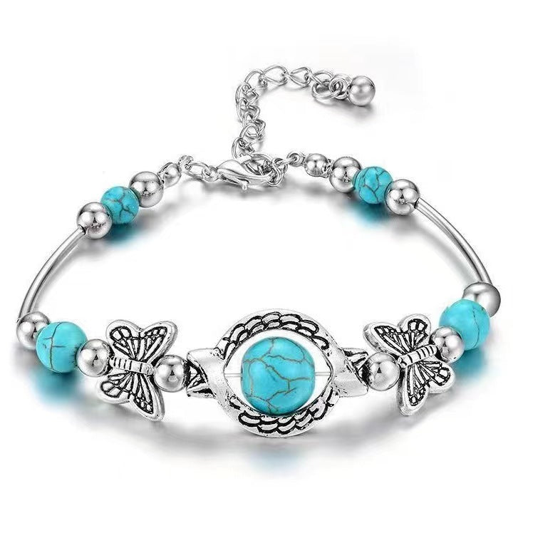 Turquoise Butterfly Charm Bracelet with Silver-Tone Beads