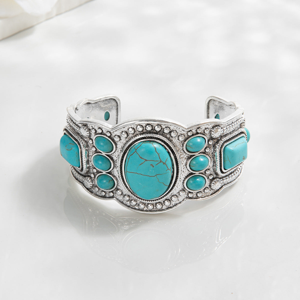 Turquoise Cluster Cuff Bracelet with Beaded Silver-Tone Metalwork