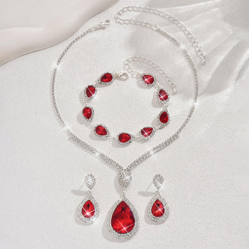 Teardrop Red Stone Jewelry Set with Halo Rhinestones – Necklace, Earrings & Bracelet — view 2