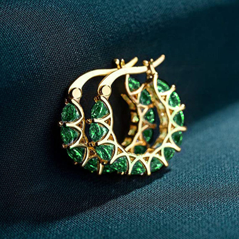 Emerald Hoop Earrings with Lattice Setting
