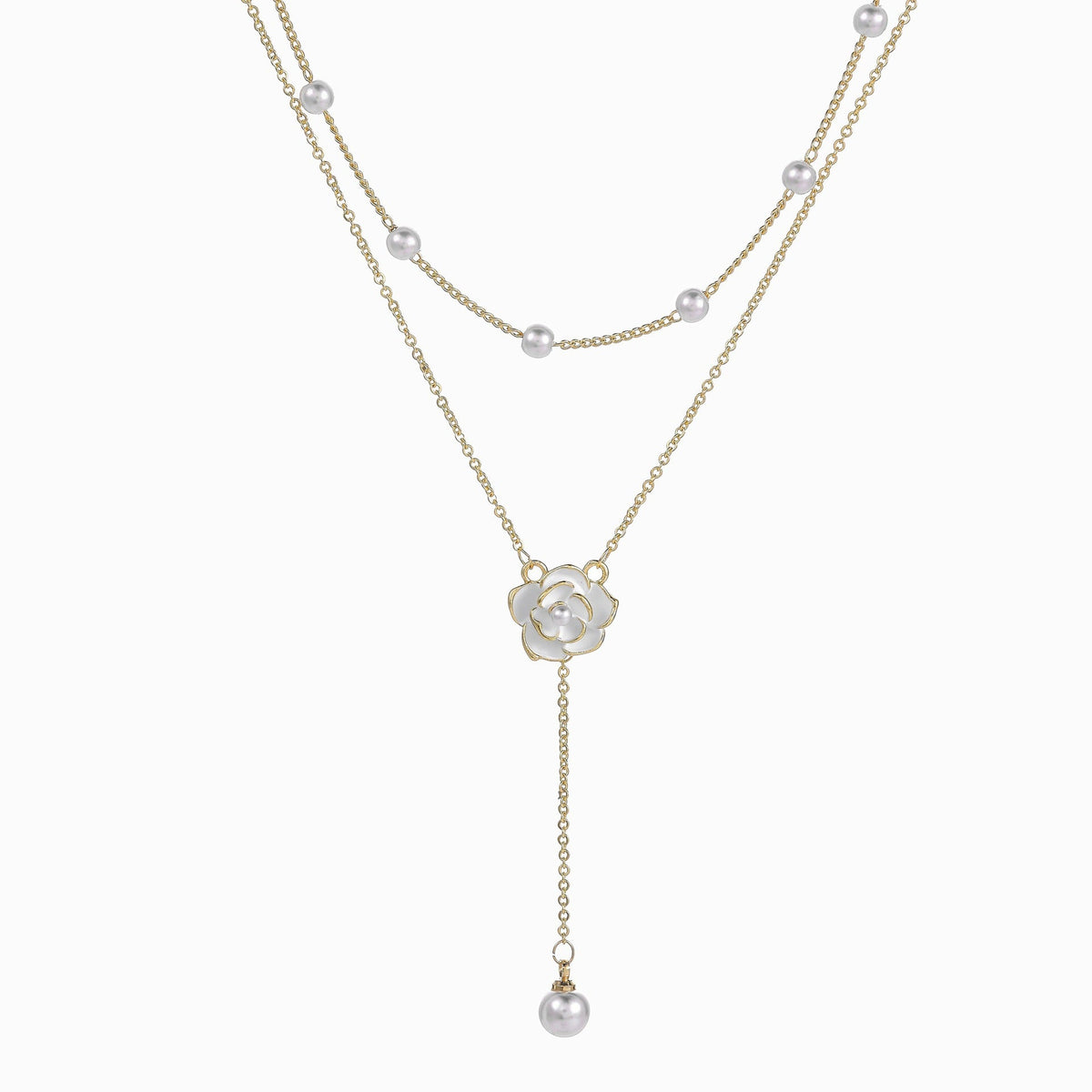 Floral Pearl Pendant Necklace with Double-Layered Gold-Tone Chains — main image