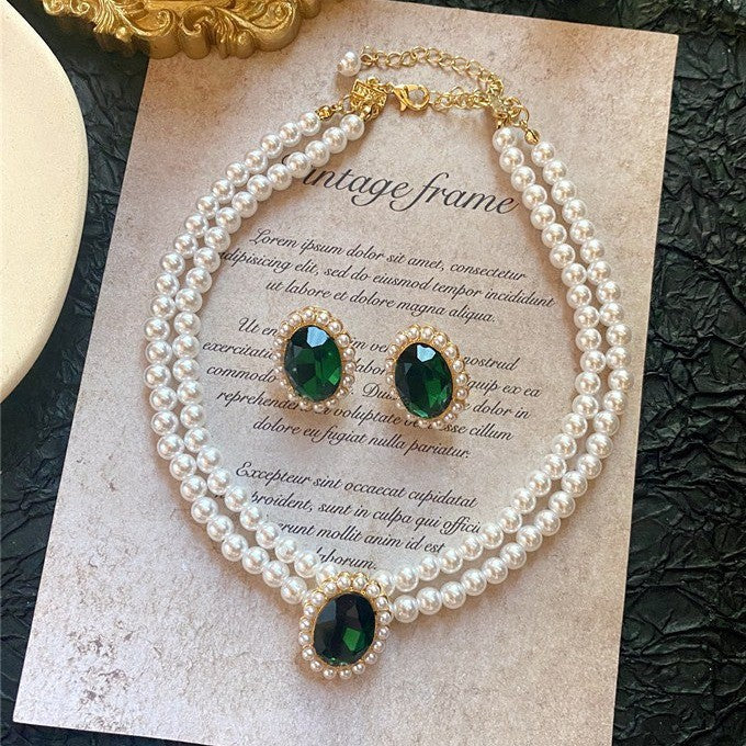 Emerald-Green Pearl Halo Jewelry Set – Necklace, Earrings & Pendant in Gold Tone — view 2