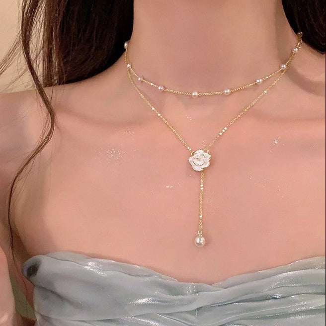 Floral Pearl Pendant Necklace with Double-Layered Gold-Tone Chains — view 3