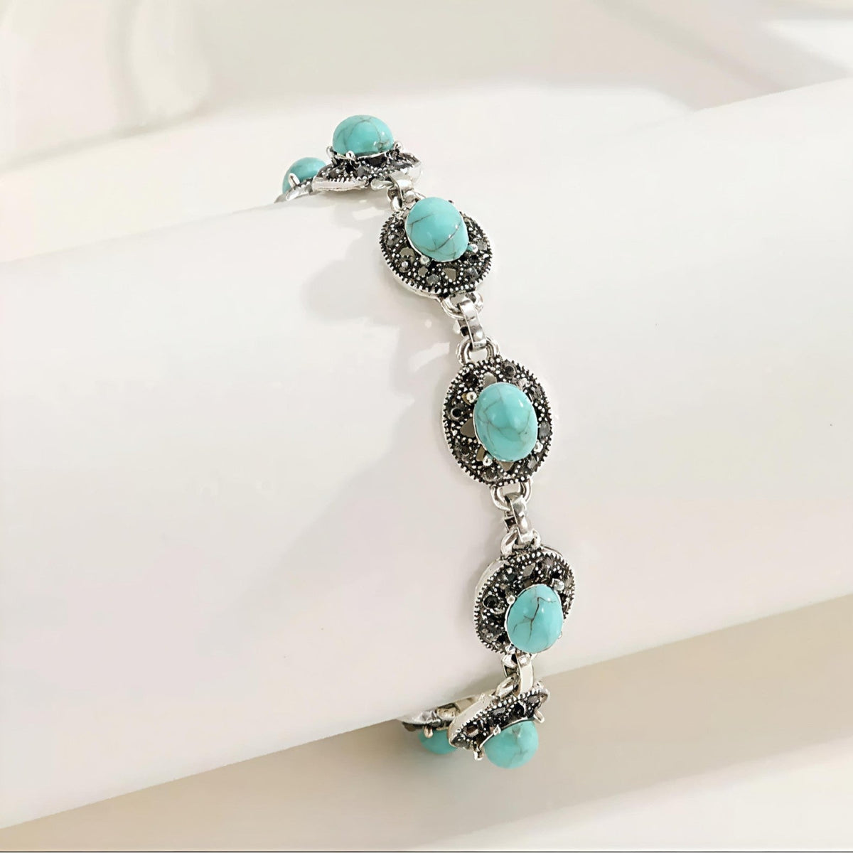 Oval Turquoise Tennis Bracelet with Marcasite Halo Detail