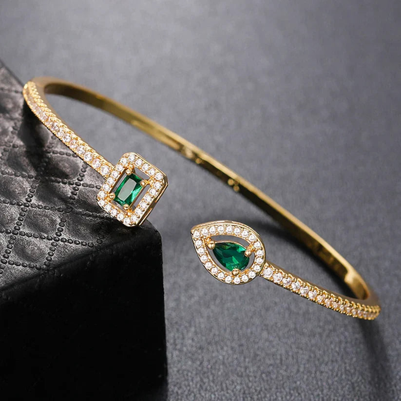 Dual Emerald Open Cuff Bracelet with Pavé Crystal Halo in Gold Tone — view 4