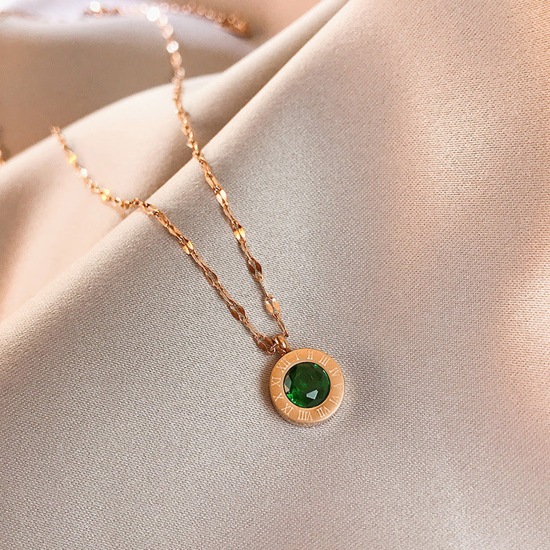 Emerald Dial Pendant Necklace with Sunburst Pattern in Rose Gold Tone