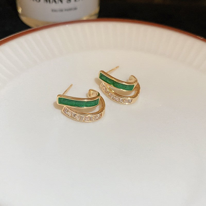 Emerald Baguette Hoop Earrings with Crystal Accents in Gold Tone