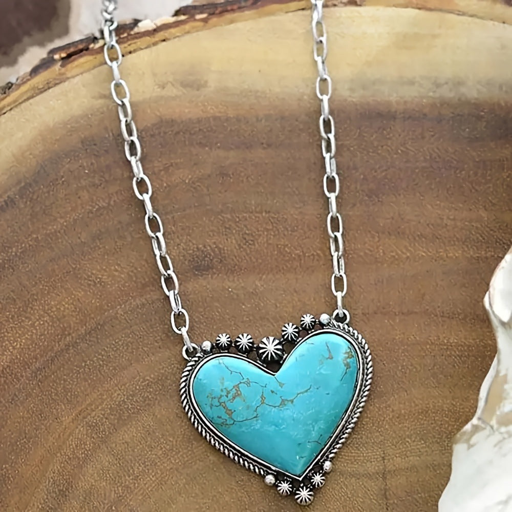 Turquoise Heart Pendant Necklace with Silver-Tone Star Detailing