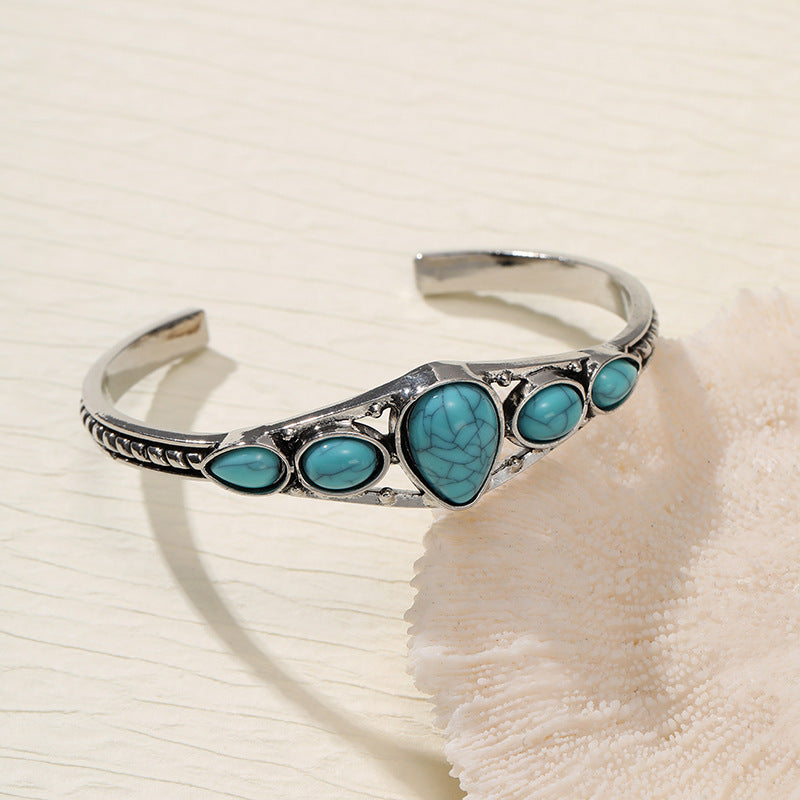 Turquoise Oval Cuff Bracelet with Antiqued Silver Rope Edge