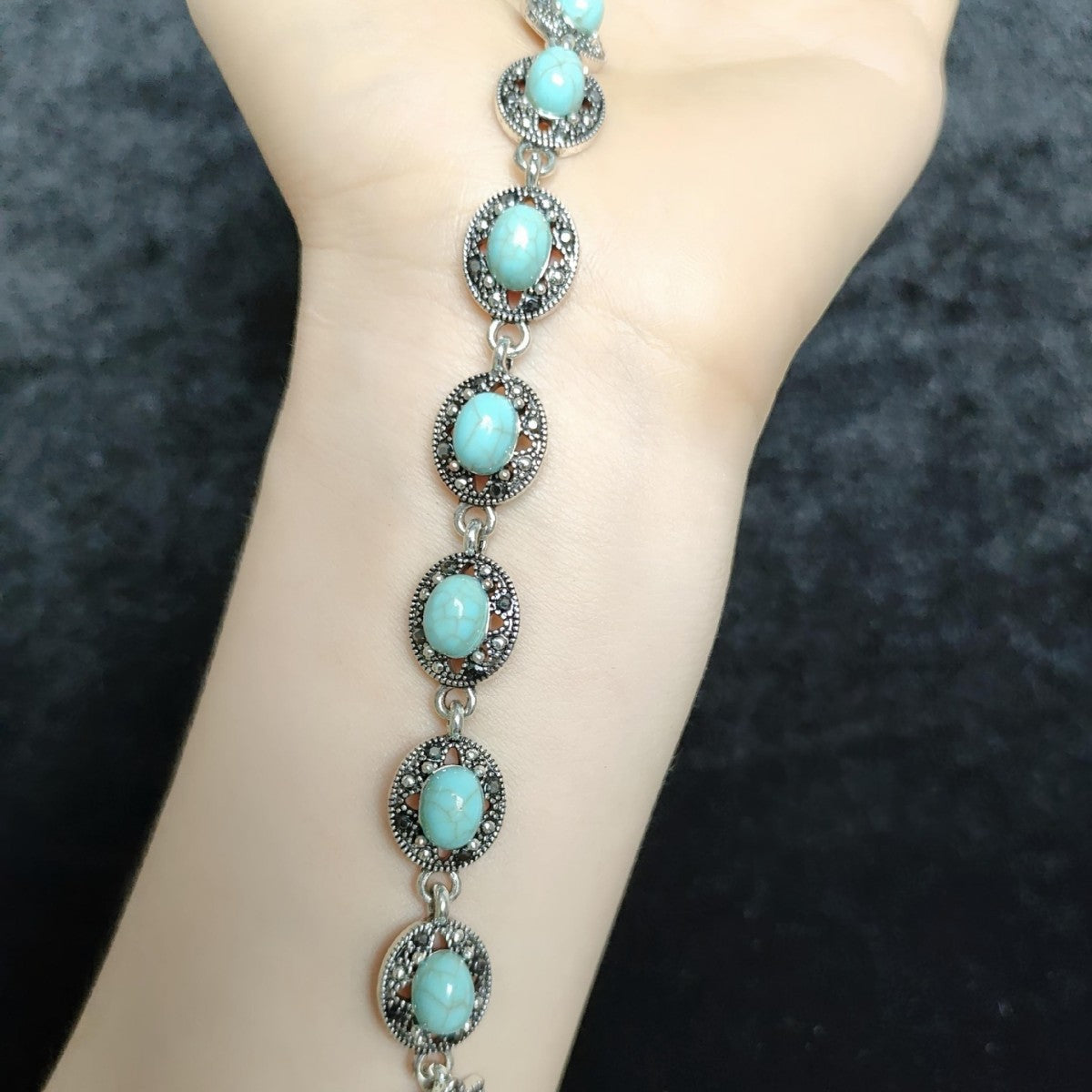Oval Turquoise Tennis Bracelet with Marcasite Halo Detail