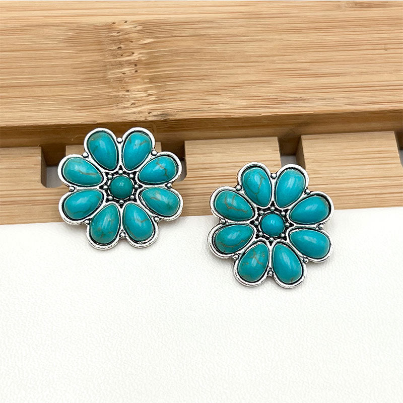 Turquoise Flower Cluster Stud Earrings with Silver-Tone Setting