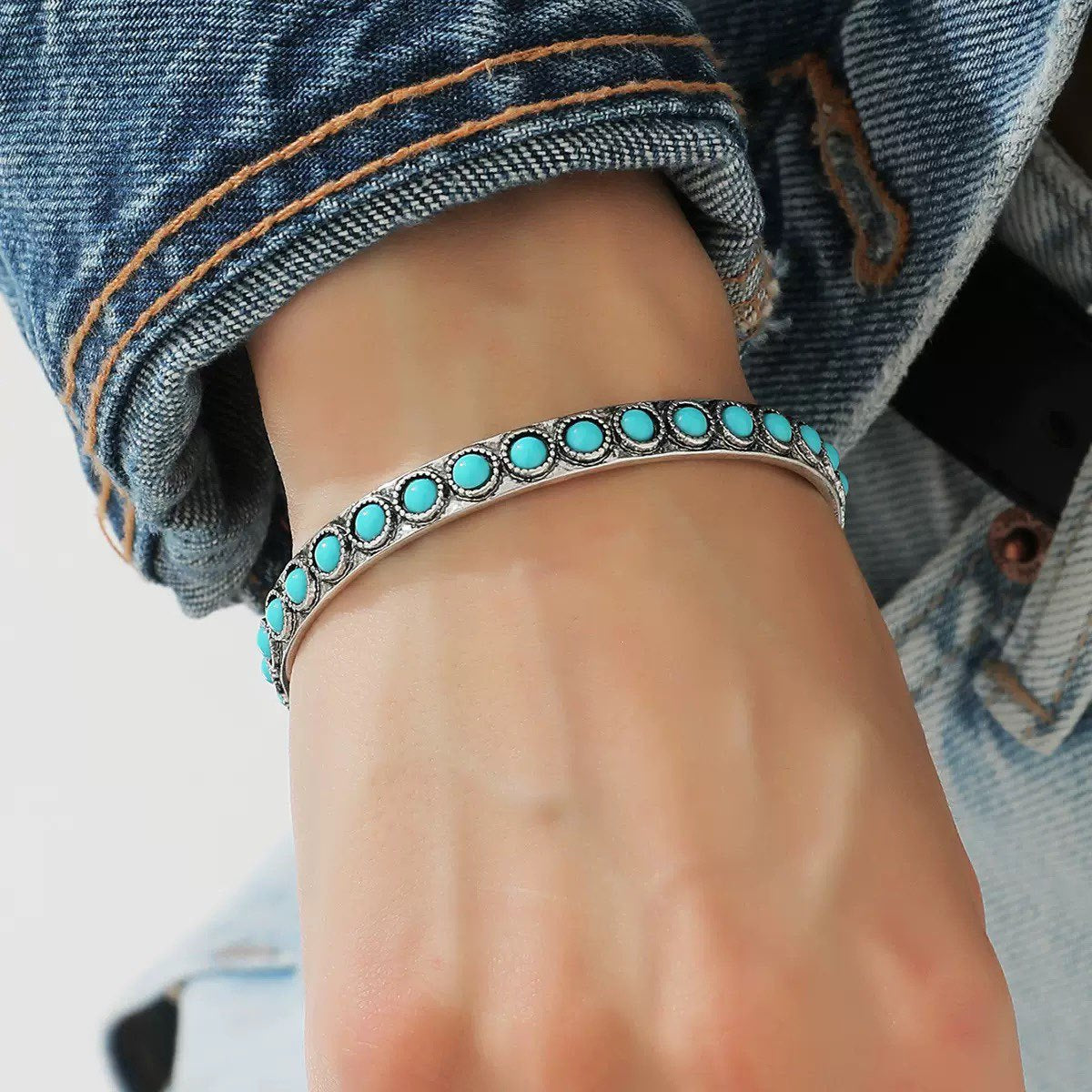 Turquoise Open Cuff Bracelet with Antiqued Bezel Setting