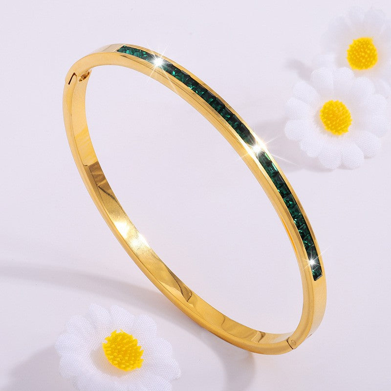 Emerald-Green Channel Inlay Bangle Bracelet with Hinged Clasp