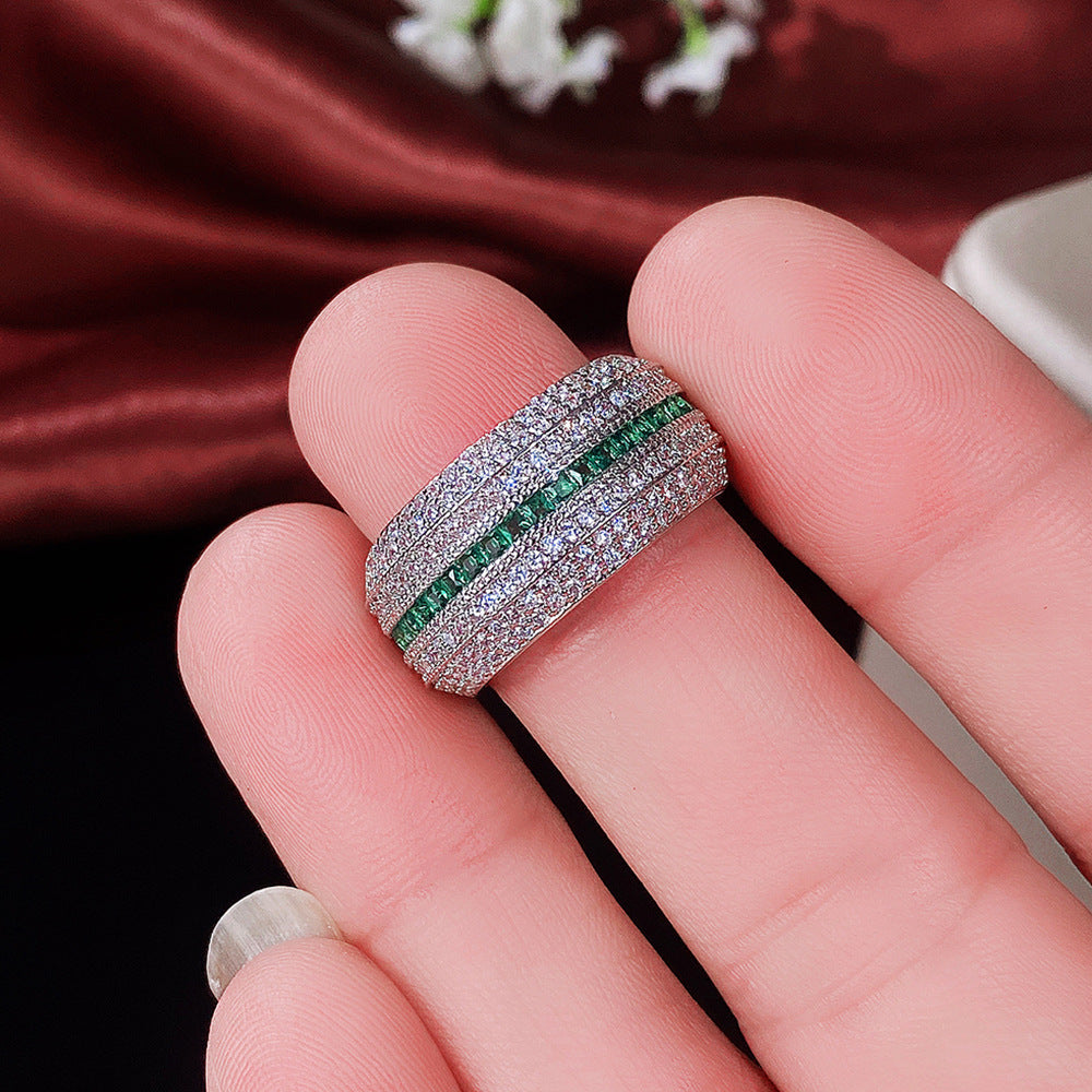 Emerald Stripe Pave Diamond Cocktail Ring, Wide Band