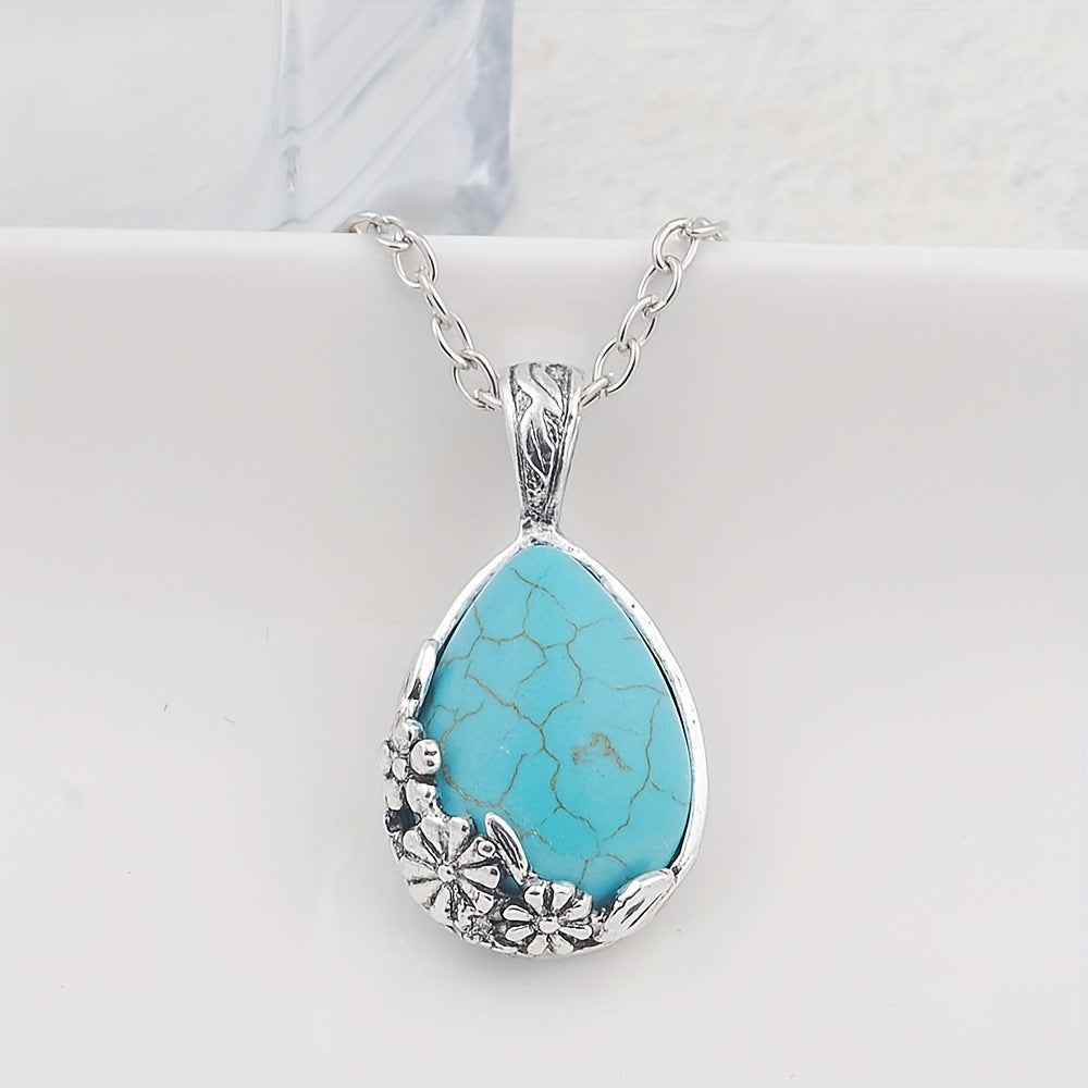 Teardrop Turquoise Pendant Necklace with Floral Silver Frame