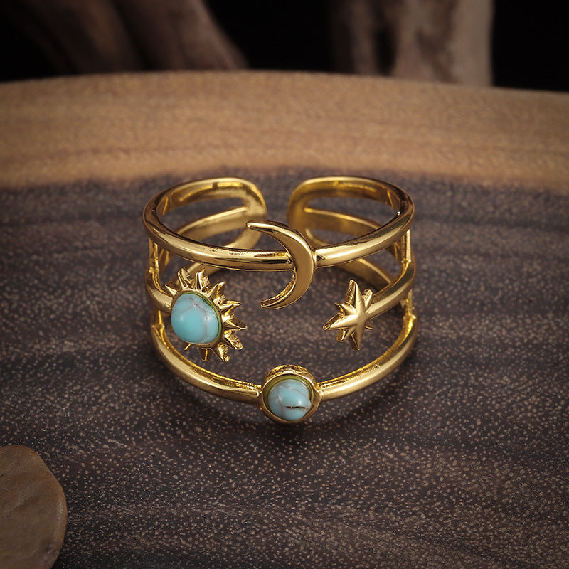Sun and Moon Turquoise Cuff Ring, Adjustable Open Band