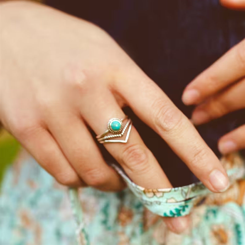 Round Turquoise Ring with Beaded Bezel and Chevron Band