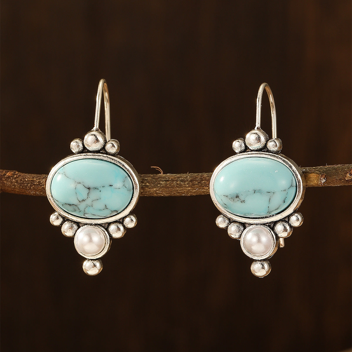 Turquoise & Pearl Drop Earrings with Silver-Tone Bead Accents