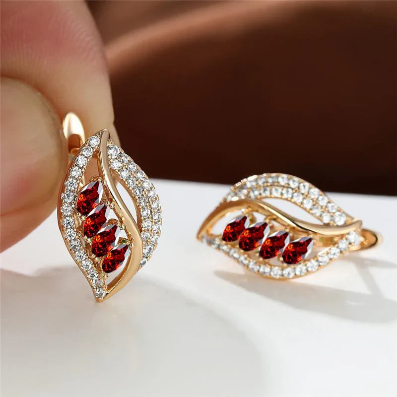 Teardrop Red Stone Earrings with Pavé Accents in Gold Tone — view 2