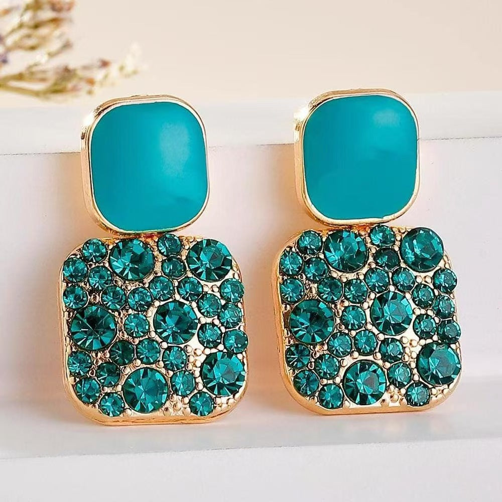 Turquoise Cabochon Drop Earrings with Crystal Pavé Accent