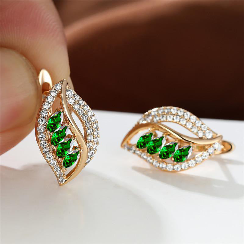 Leaf-Shaped Emerald Drop Earrings with Clear Crystal Accents