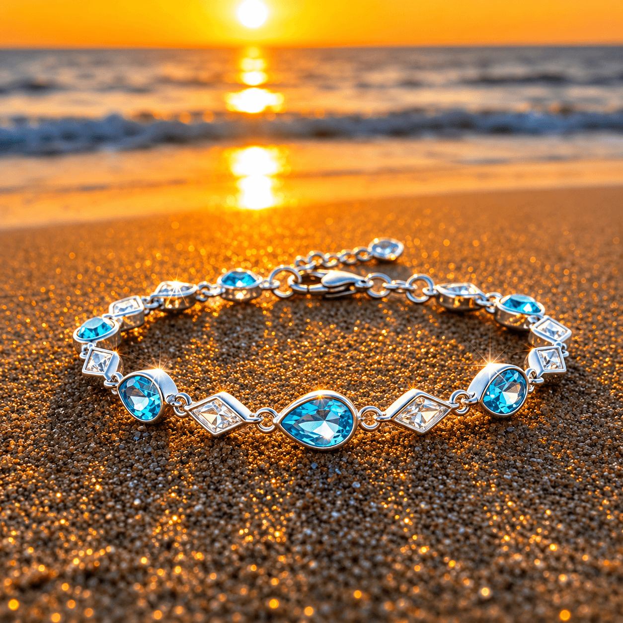 Oval Blue Stone Tennis Bracelet with Clear Accents in Silver Tone