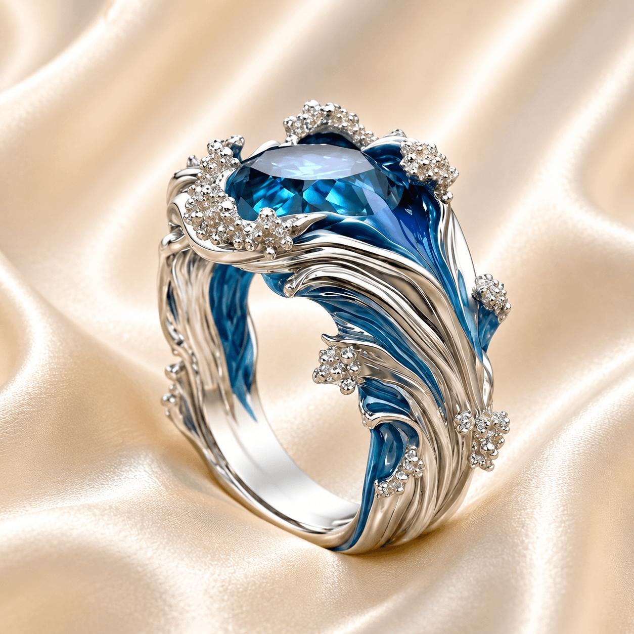 Oval Blue Stone Cocktail Ring with Sculptural Wave Band