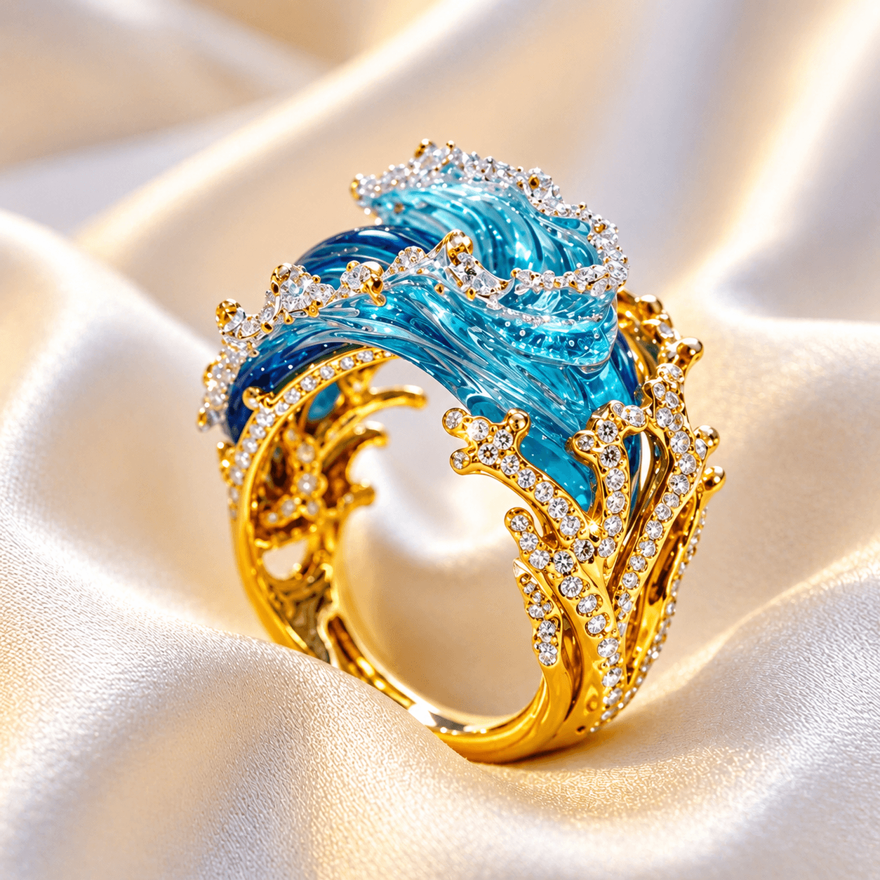 Cushion-Cut Blue Topaz Cocktail Ring with Ornate Scroll Filigree