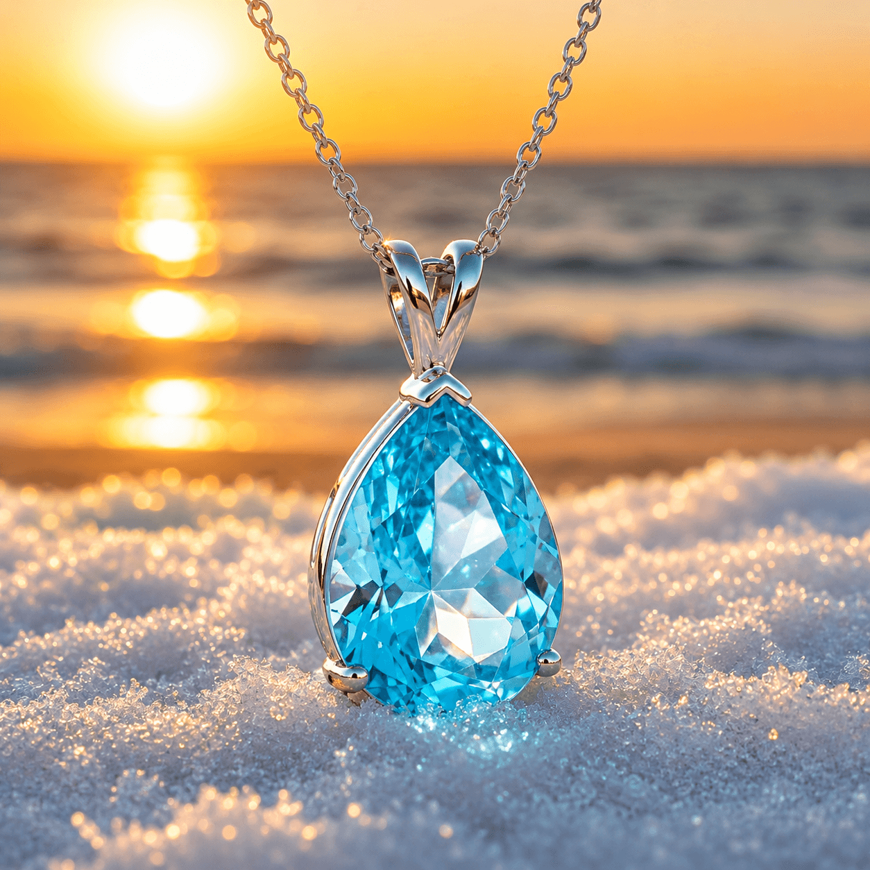 Teardrop Blue Crystal Pendant Necklace with Silver-Tone Chain