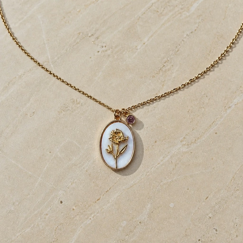 Oval Flower Pendant Necklace with Pearlescent Inlay and Birthstone Charm — view 11