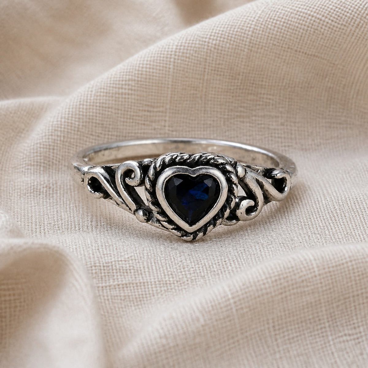 Heart-Shaped Onyx-Toned Cubic Zirconia Ring with Scrollwork Band — main image