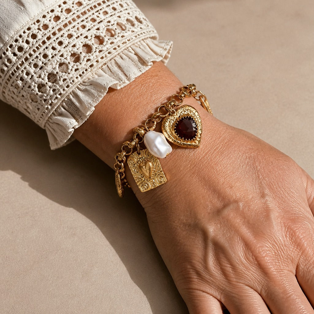 Heart and Pearl Charm Bracelet with Gold-Tone Rolo Chain — view 2