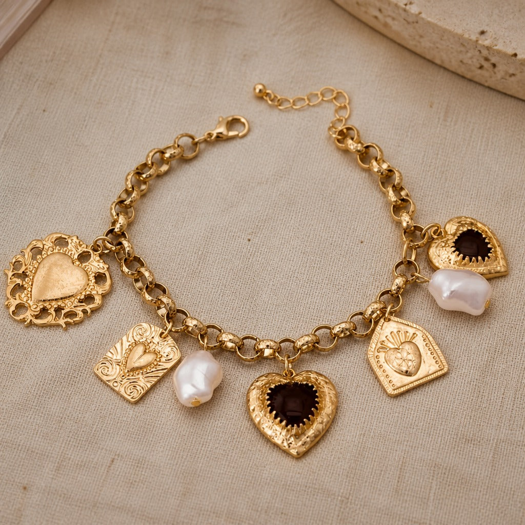 Heart and Pearl Charm Bracelet with Gold-Tone Rolo Chain — main image