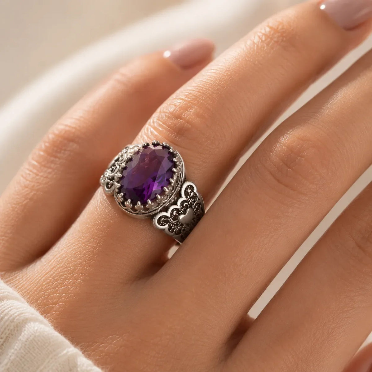 Oval Purple Zirconia Ring with Vintage-Inspired Filigree Setting