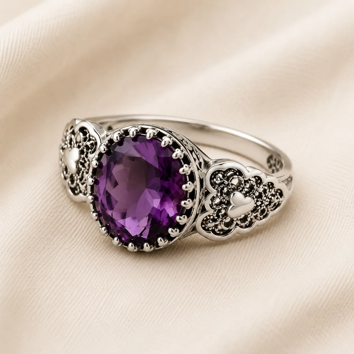 Oval Purple Zirconia Ring with Vintage-Inspired Filigree Setting