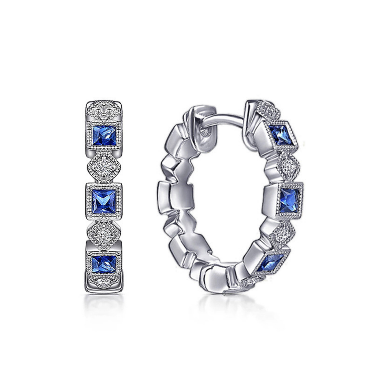 Geometric Blue Zircon Hoop Earrings with Clear Accent Stones — view 4