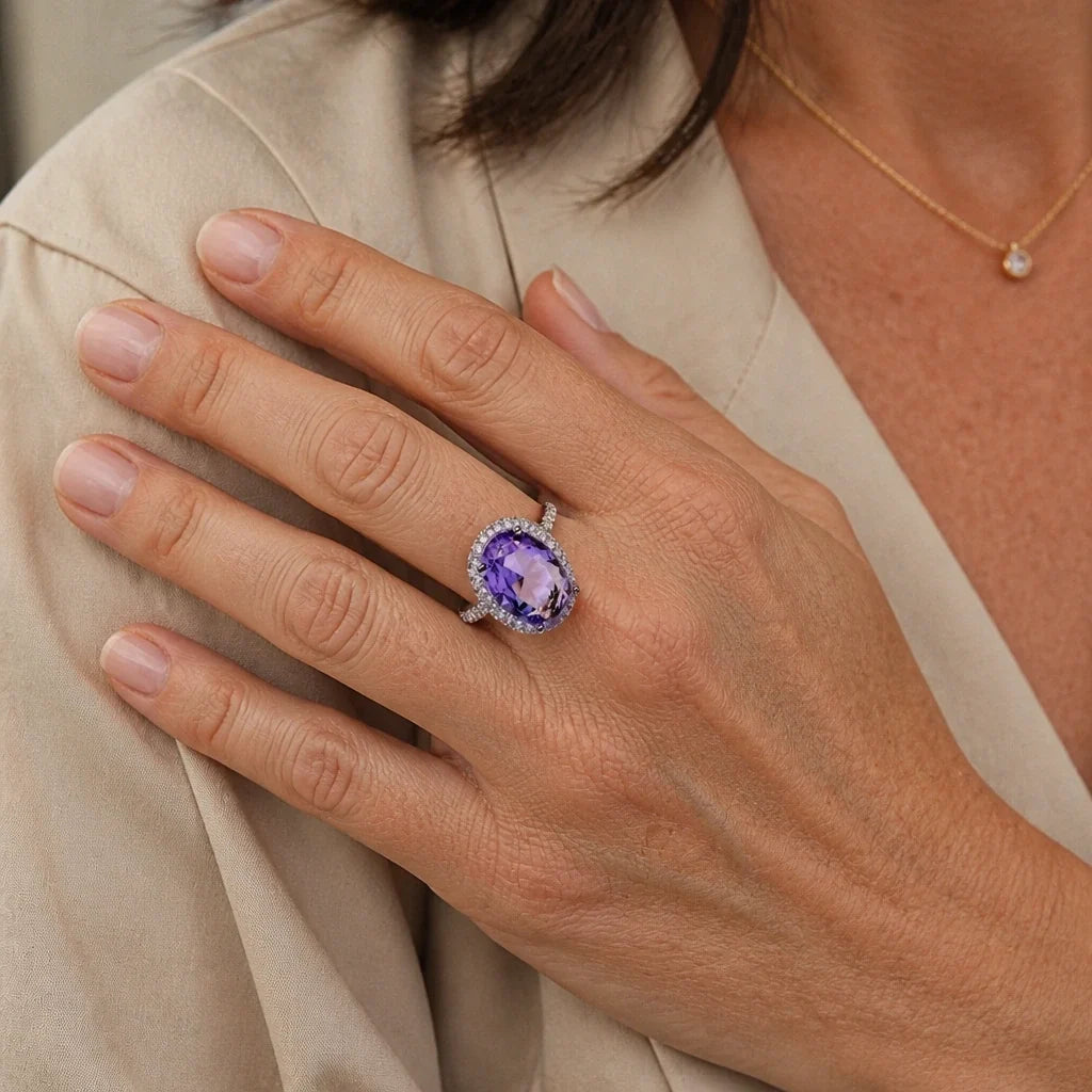 Oval Amethyst Halo Ring with Zirconia Accents in Silver Tone