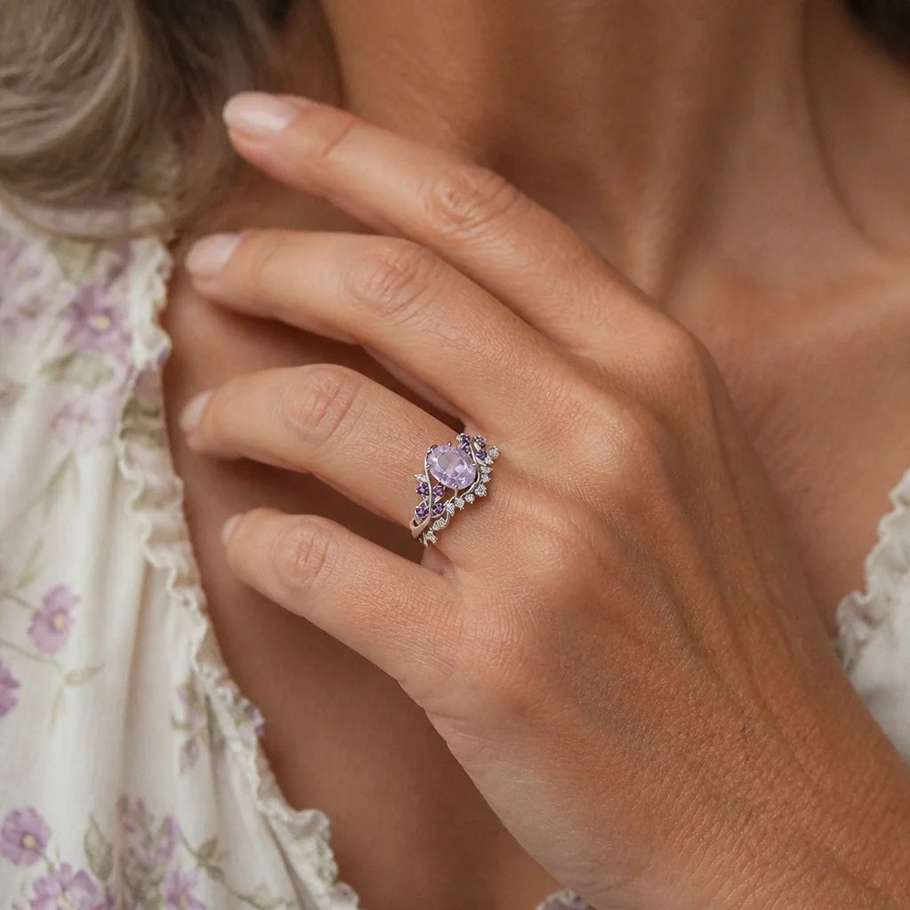 Oval Amethyst Cocktail Ring with Scrolling Silver-Tone Halo Setting