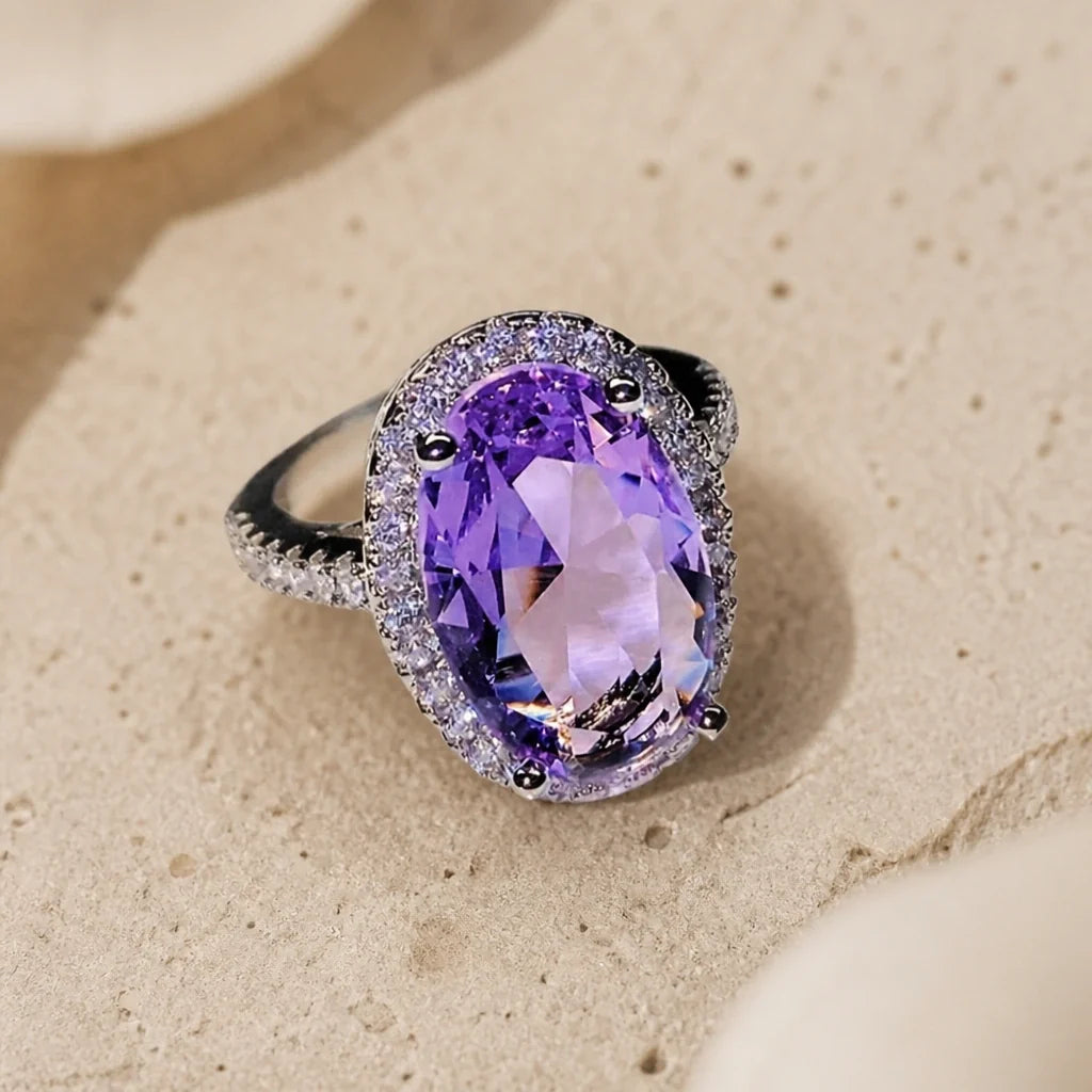 Oval Amethyst Halo Ring with Zirconia Accents in Silver Tone