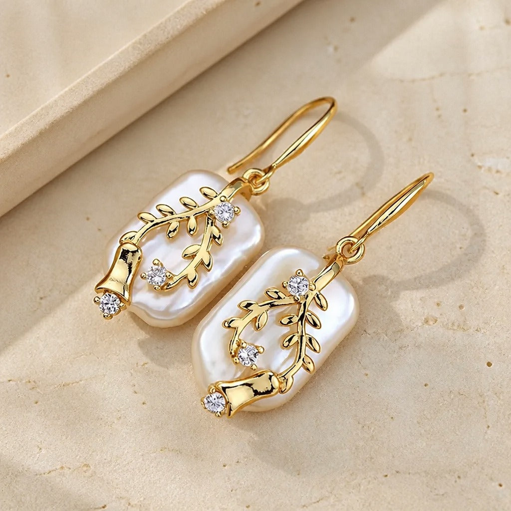 Baroque Pearl Drop Earrings with Gold-Tone Leaf and Bell Detail — view 2