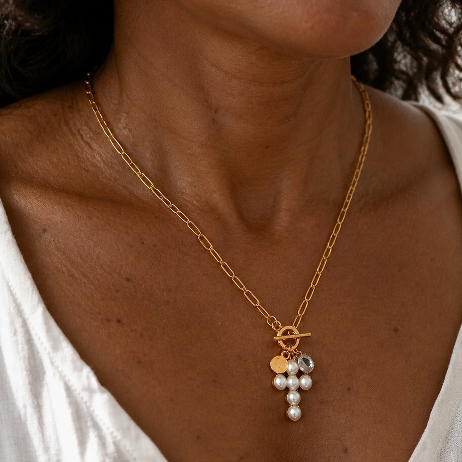 Cross Charm Pendant Necklace with Pearl and Turquoise Accents — view 2