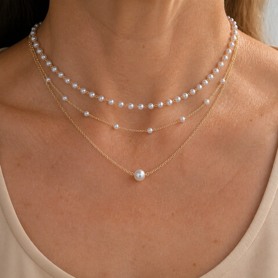 Layered Pearl Necklace with Gold-Tone Chain, Three-Strand Design — main image