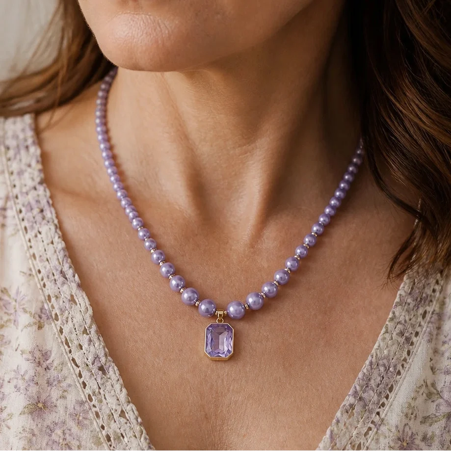 Cushion-Cut Amethyst Pendant Necklace with Lavender Pearl Beads