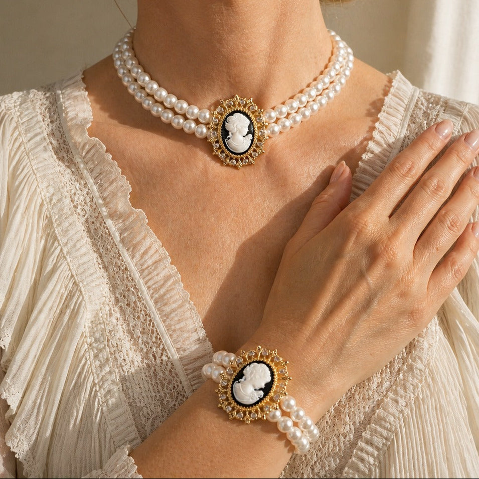 Double-Strand Pearl Necklace and Bracelet Set with Gold-Tone Cameo and Rhinestone Filigree — main image