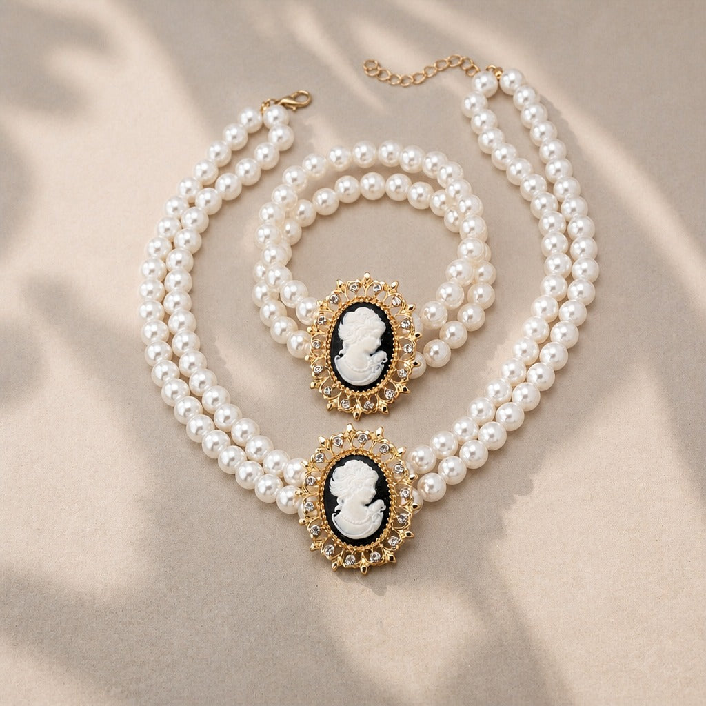 Double-Strand Pearl Necklace and Bracelet Set with Gold-Tone Cameo and Rhinestone Filigree — view 2