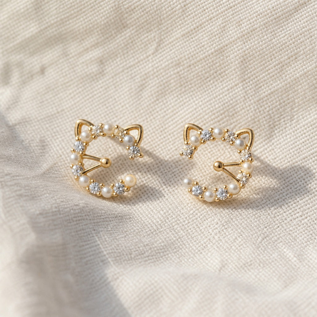 Cat Silhouette Pearl and Crystal Stud Earrings in Gold Tone — view 2