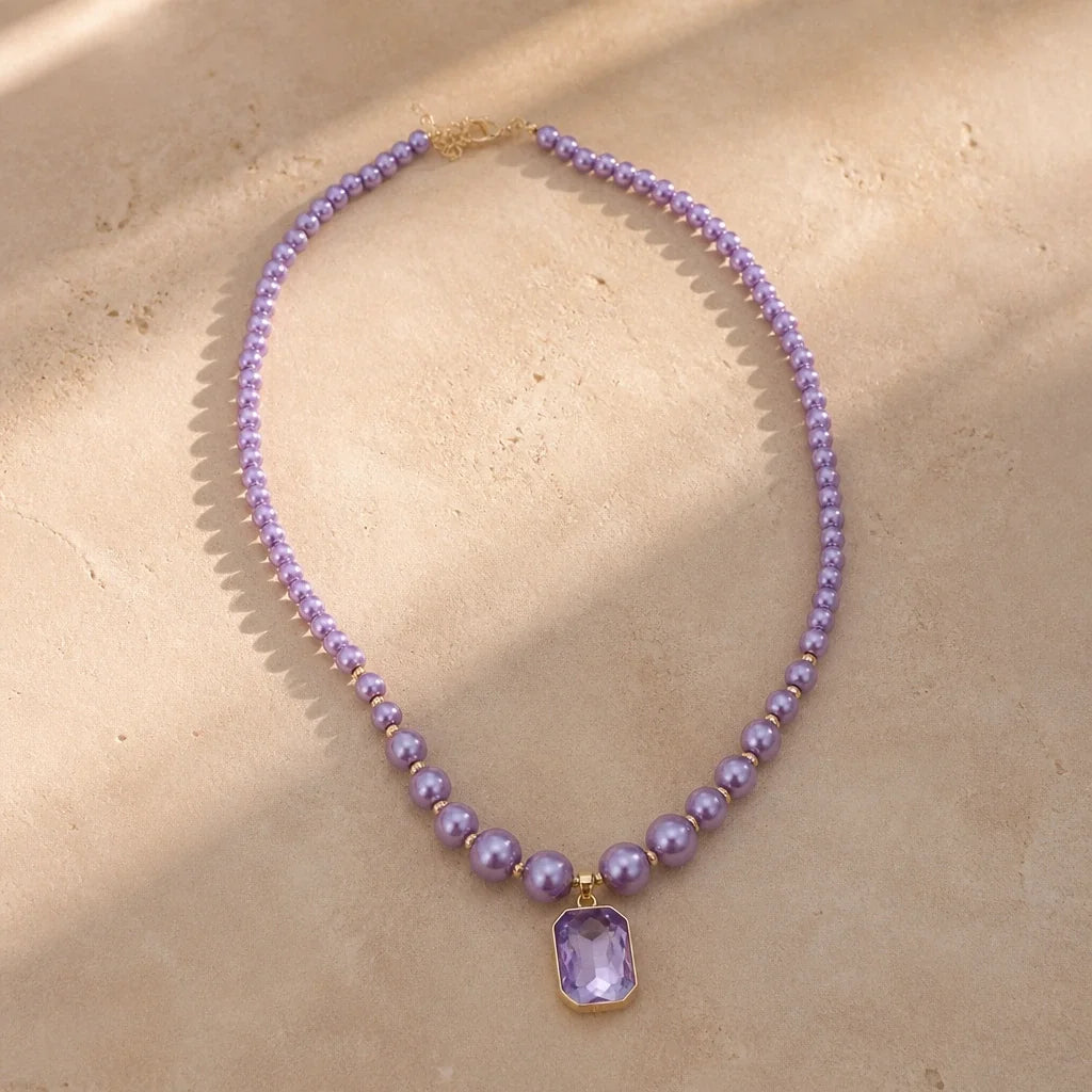 Cushion-Cut Amethyst Pendant Necklace with Lavender Pearl Beads
