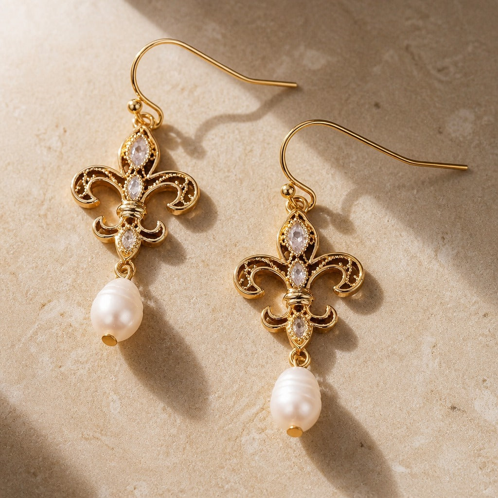 Fleur-de-Lis Pearl Drop Earrings with Crystal Accents — view 2